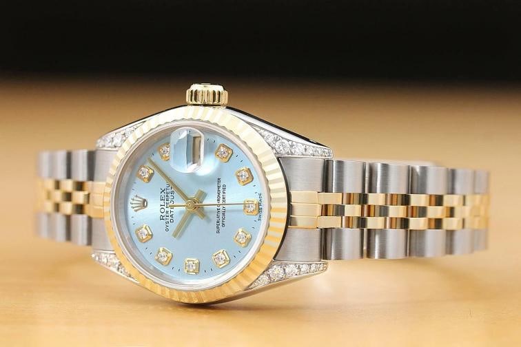 ROLEX LADIES DATEJUST 69173 ICE BLUE DIAL 18K GOLD STEEL DIAMOND LUG WATCH - 2