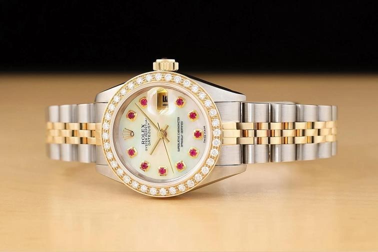 ROLEX LADIES DATEJUST 69173 MOTHER OF PEARL RUBY DIAMOND 18K GOLD STEEL WATCH - 2