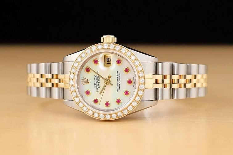 ROLEX LADIES DATEJUST 69173 MOTHER OF PEARL RUBY DIAMOND 18K GOLD STEEL WATCH - 3