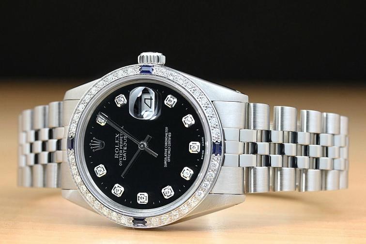 MENS ROLEX DATEJUST 16014 BLACK DIAMOND SAPPHIRE 18K WHITE GOLD STEEL WATCH - 2