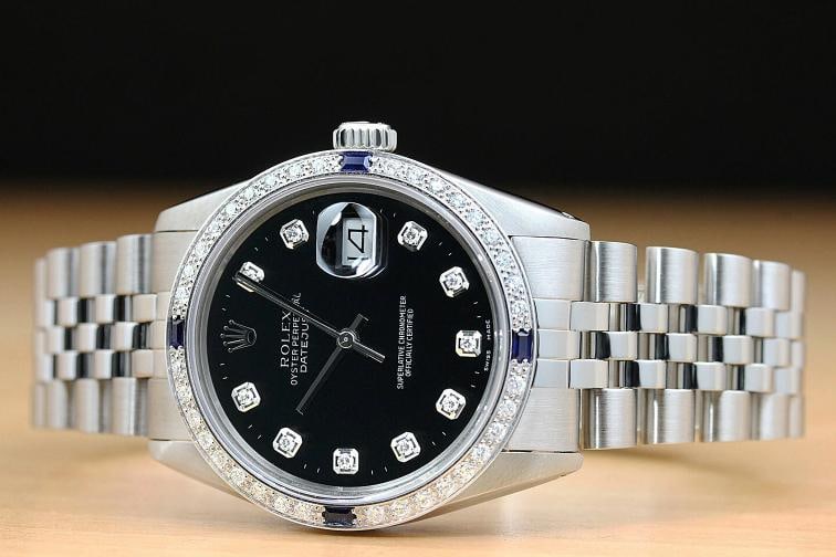 MENS ROLEX DATEJUST 16014 BLACK DIAMOND SAPPHIRE 18K WHITE GOLD STEEL WATCH - 3