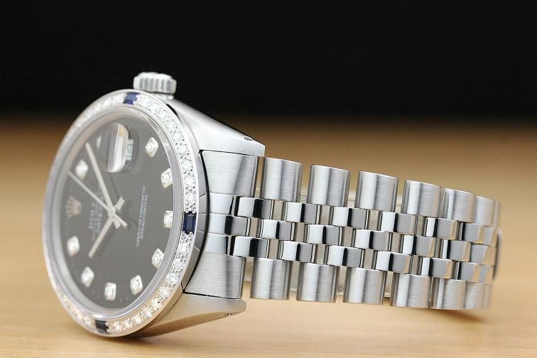 MENS ROLEX DATEJUST 16014 BLACK DIAMOND SAPPHIRE 18K WHITE GOLD STEEL WATCH - 4