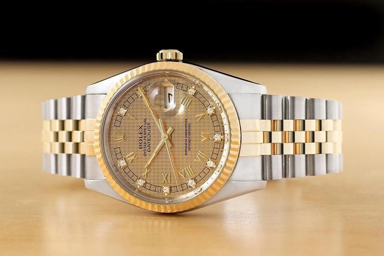 ROLEX MENS DATEJUST 16233 HOUNDSTOOTH FACTORY DIAMOND ROMAN 18K GOLD SS WATCH - 2