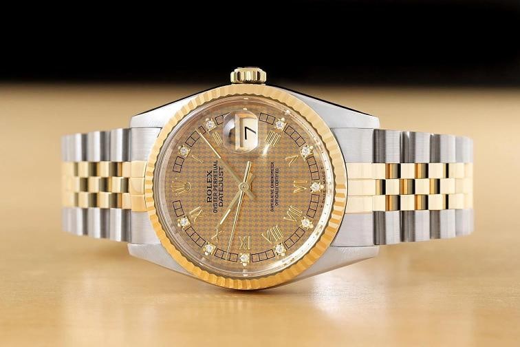 ROLEX MENS DATEJUST 16233 HOUNDSTOOTH FACTORY DIAMOND ROMAN 18K GOLD SS WATCH - 3
