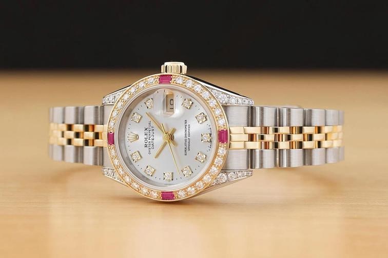 ROLEX LADIES DATEJUST 69173 SILVER FACTORY DIAMOND RUBY 18K GOLD STEEL WATCH - 2
