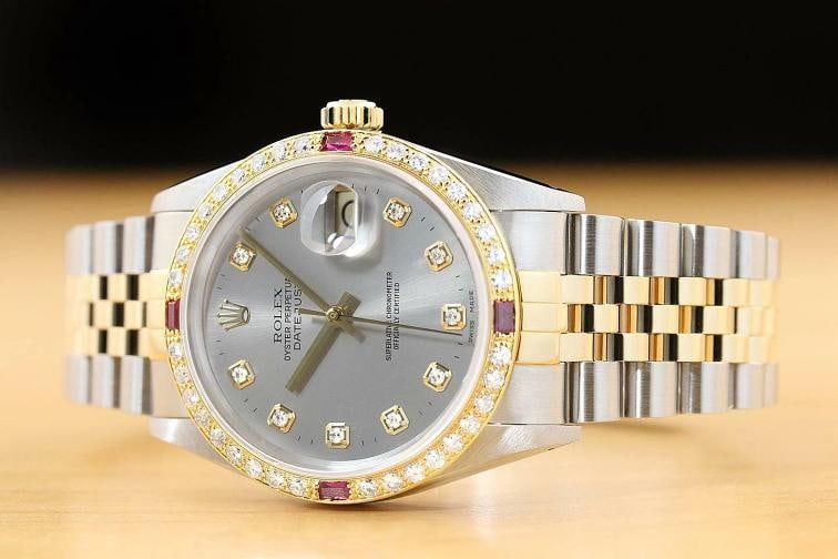 ROLEX MENS DATEJUST 16013 GRAY DIAL RUBY DIAMOND 18K YELLOW GOLD/SS WATCH - 2