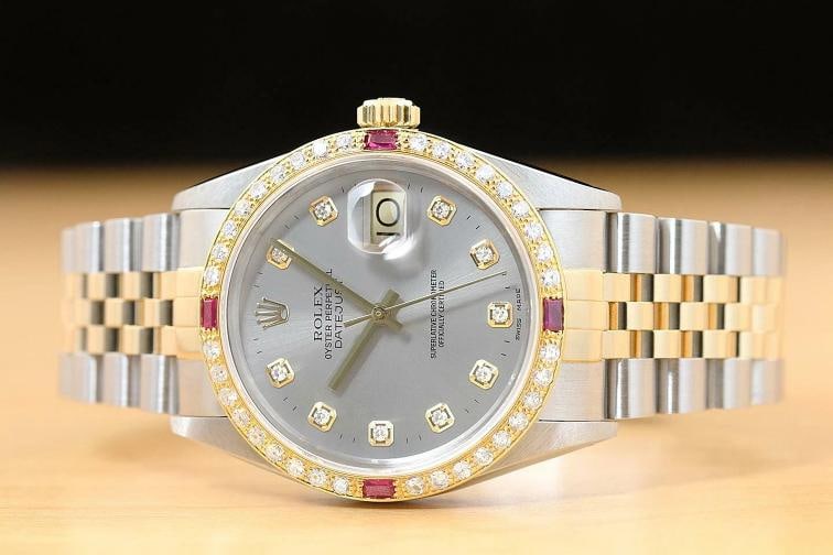 ROLEX MENS DATEJUST 16013 GRAY DIAL RUBY DIAMOND 18K YELLOW GOLD/SS WATCH - 3