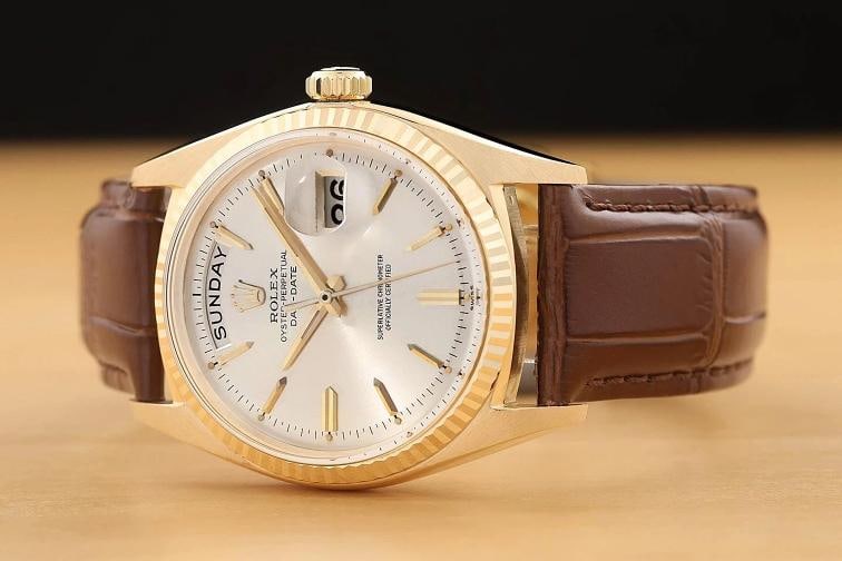ROLEX MENS DAY-DATE 1803 18K YELLOW GOLD SILVER DIAL BROWN LEATHER WATCH - 2