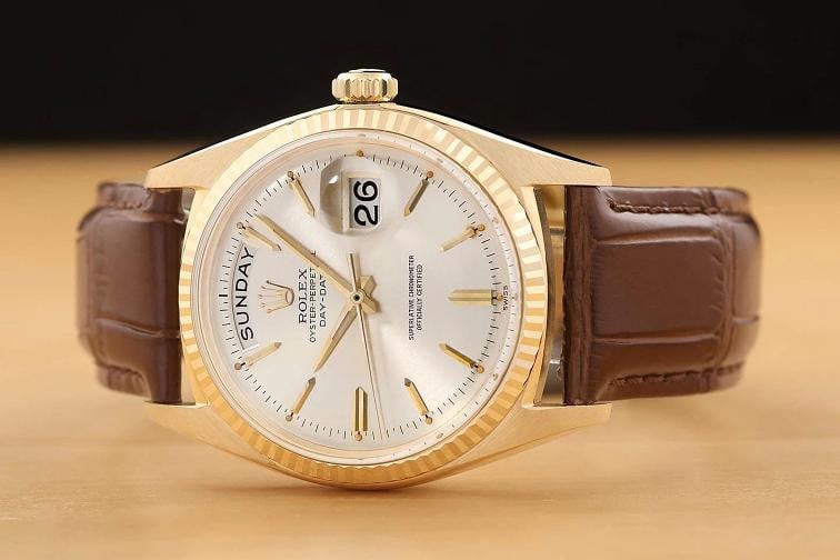 ROLEX MENS DAY-DATE 1803 18K YELLOW GOLD SILVER DIAL BROWN LEATHER WATCH - 3