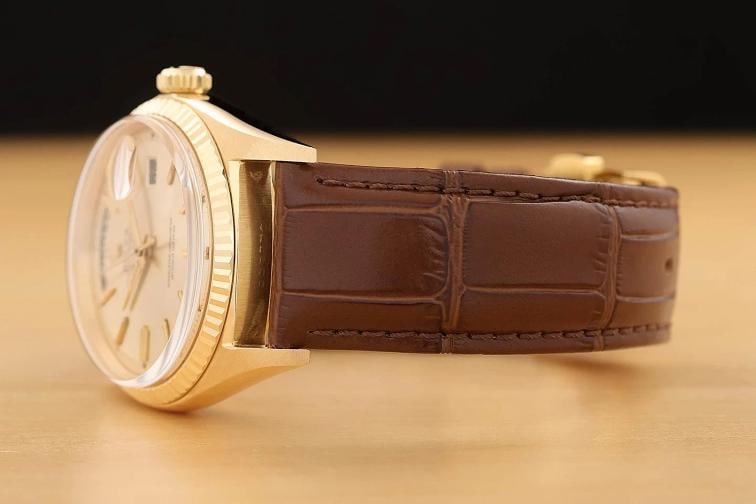 ROLEX MENS DAY-DATE 1803 18K YELLOW GOLD SILVER DIAL BROWN LEATHER WATCH - 4