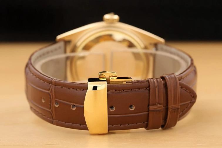 ROLEX MENS DAY-DATE 1803 18K YELLOW GOLD SILVER DIAL BROWN LEATHER WATCH - 6
