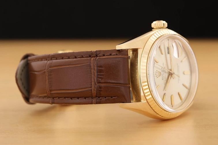 ROLEX MENS DAY-DATE 1803 18K YELLOW GOLD SILVER DIAL BROWN LEATHER WATCH - 7