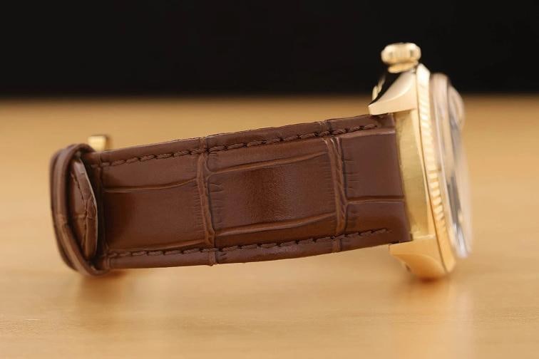 ROLEX MENS DAY-DATE 1803 18K YELLOW GOLD SILVER DIAL BROWN LEATHER WATCH - 8