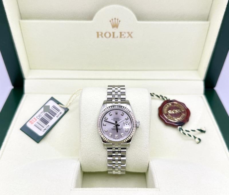 Rolex Ladies Datejust 179174 26mm Silver Diamond Dial 18k Gold Steel Box Tags - 2