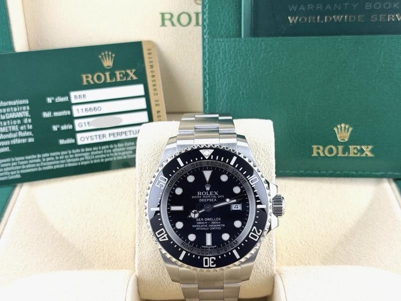 Rolex Sea Dweller Deepsea 116660 44mm Black Ceramic Stainless Steel Box Papers: Style Number: 16660 Serial: G15**** Year: 2011 Model: Rolex Sea Dweller Deepsea Case Material: Stainless Steel Band: Stainless Steel Bezel: Black Ceramic Dial: Black Crystal: Sapphire Case Size: 44mm 