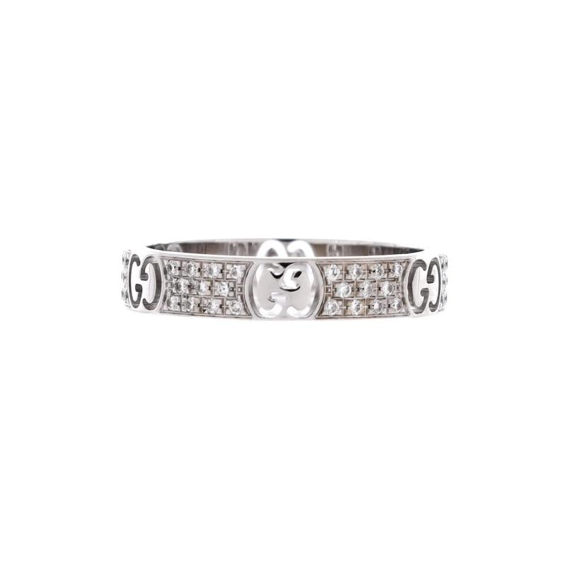 Gucci Icon Band Ring 18K White Gold with Pave Diamonds 4mm: Condition: Pre-owned - Good,Brand: Gucci,Main Stone: Diamond,Metal: 18K White Gold,Metal Purity: 18K,Ring Size: 6.5,Type: Ring,Color: White Gold,Style: 18K White Gold With Pave Diamonds,Material: 18K 