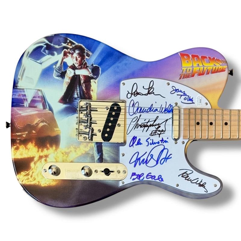 Back to the Future Signed Guitar Custom JSA COA Michael J Fox Lloyd +6: Industry: Movies,Movie: Back to the Future,Signed by: Michael J. Fox & Christopher Lloyd,Signed: Yes,Autograph Authentication: James Spence (JSA),Original/Reproduction: Original,Country of Origin: