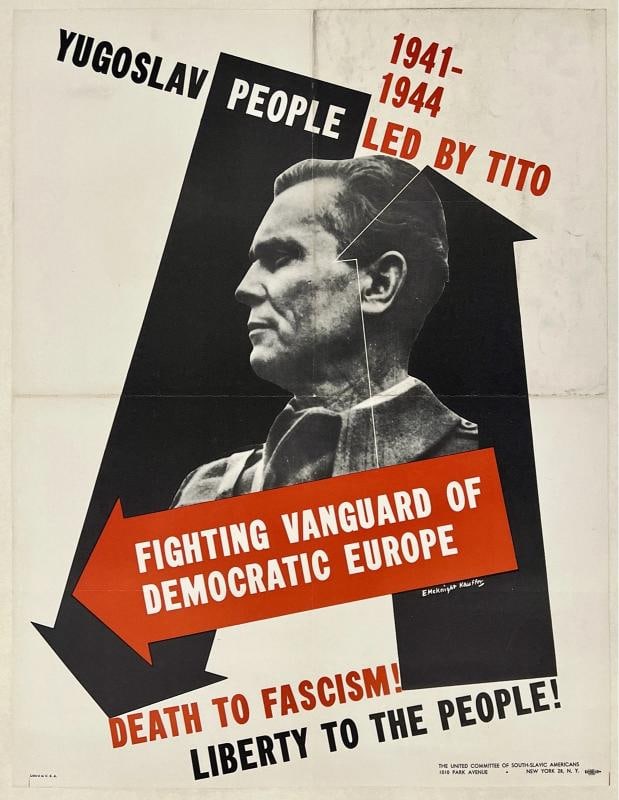 Original Vintage Poster YUGOSLAV PEOPLE LED BY TITO World War II WWII LINEN (1 of 5)