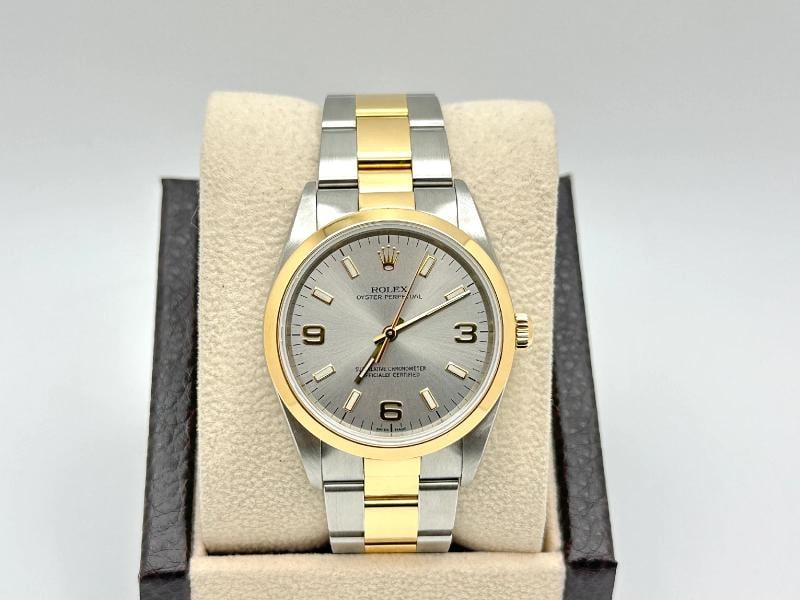 2002 Rolex Oyster Perpetual 14203 34mm Silver Dial 18k Yellow Gold Steel - 2