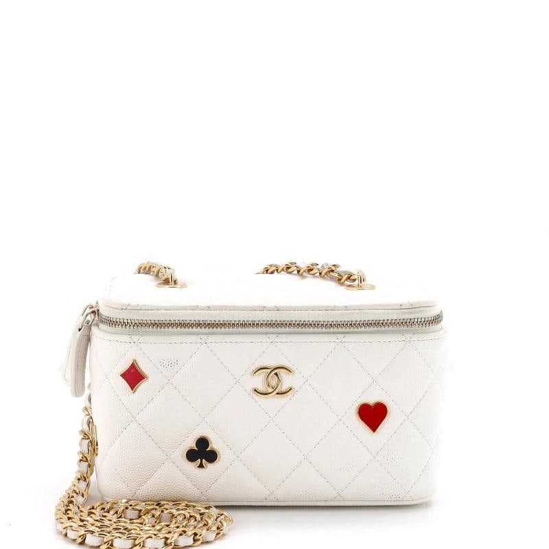 Chanel Coco Casino Vanity Case with Chain Quilted Caviar Small: Condition: Pre-owned - Excellent,Brand: Chanel,Exterior Material: Leather,Style: Cosmetic Cases,Exterior Color: White,Department: Women,Size: Small