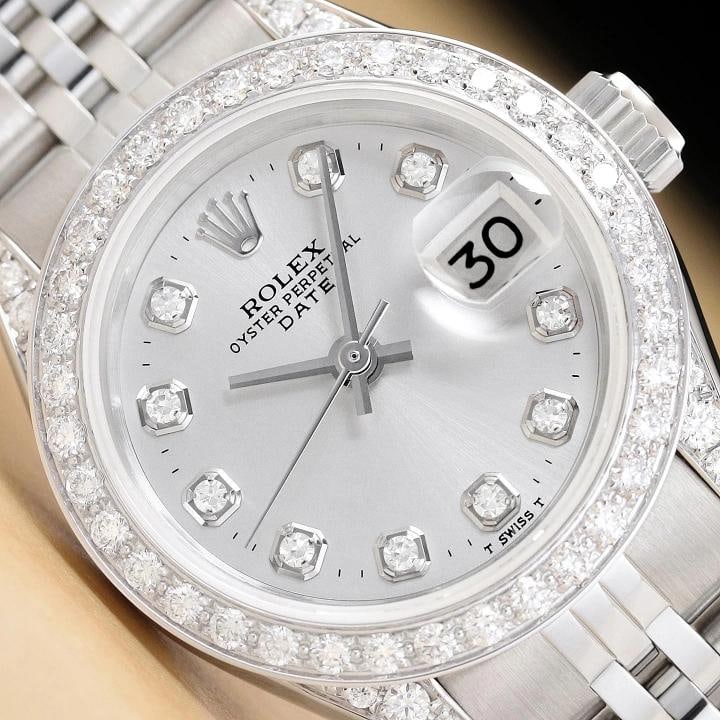 ROLEX LADIES DATE 6924 SILVER DIAMOND 18K WHITE GOLD STAINLESS STEEL WATCH: Condition: Pre-owned - Excellent,Department: Women's,Brand: Rolex,Style: Dress/Formal, Luxury, Luxury: Dress Styles,Dial: Rolex Dial Ref. w/ Added Diamond Markers,Bezel: Custom 18K White Gold Diamond 