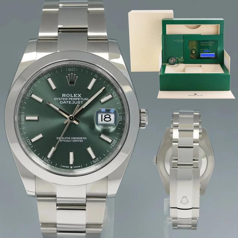 2022 NEW PAPERS Rolex 126300 Mint Green DateJust 41 Steel Oyster 41mm Watch Box: Condition: Pre-owned - Excellent,Brand: Rolex,Department: Unisex Adults,Type: Wristwatch,Model: DateJust,Reference Number: 126300,With Original Box/Packaging: Yes,With Papers: Original,Customized: