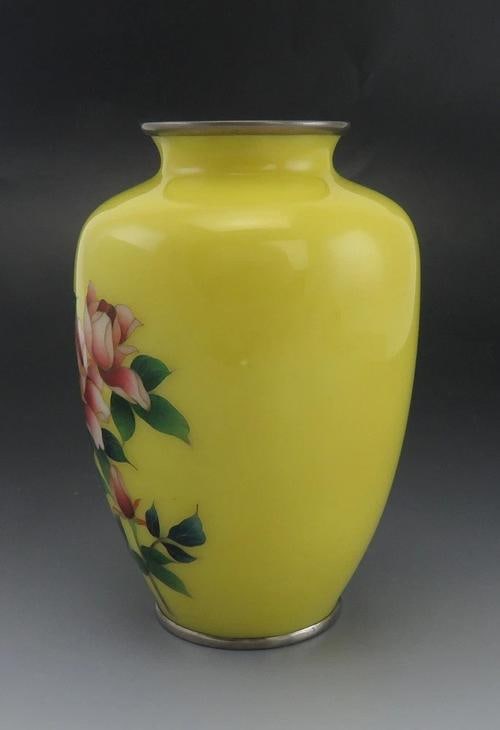 Lovely VTG Japanese Cloisonne Enamel Yellow Floral Roses Vase - 3