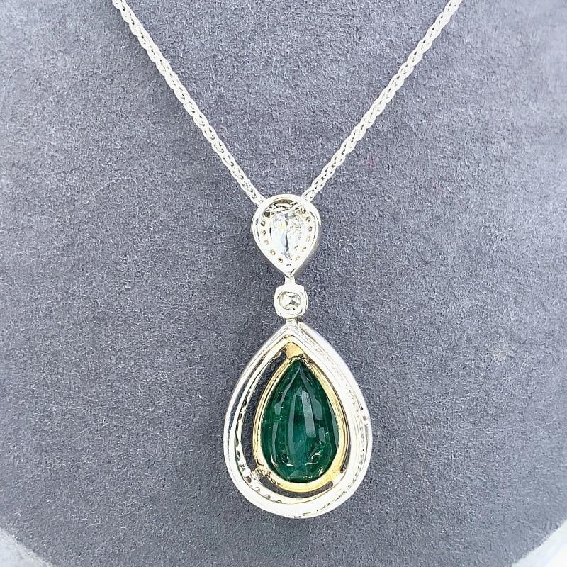 Emerald and Diamond Tear Drop Pendant Necklace 14kt White Gold - 10