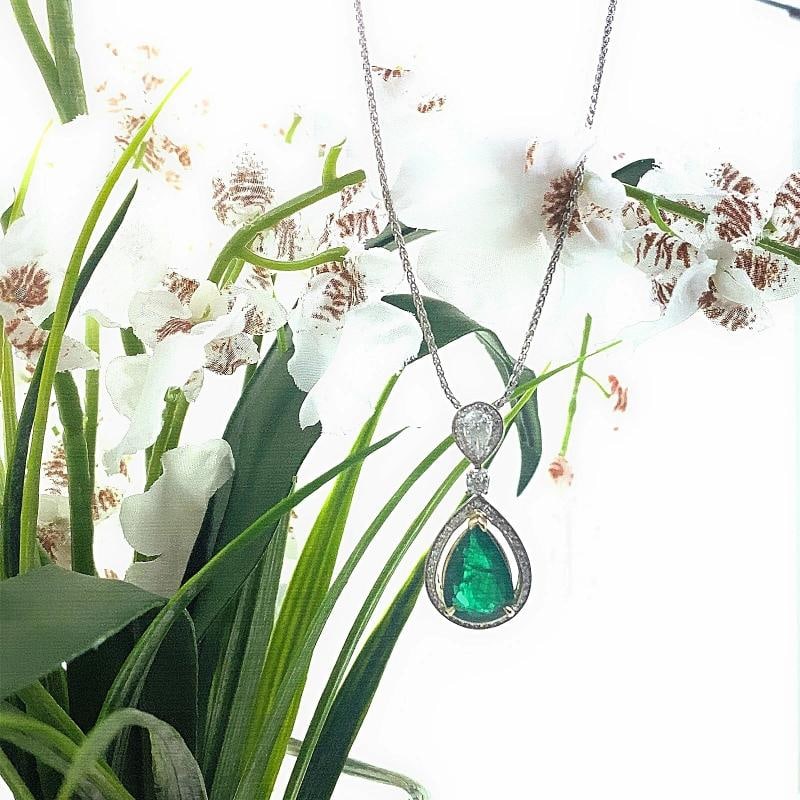 Emerald and Diamond Tear Drop Pendant Necklace 14kt White Gold - 11