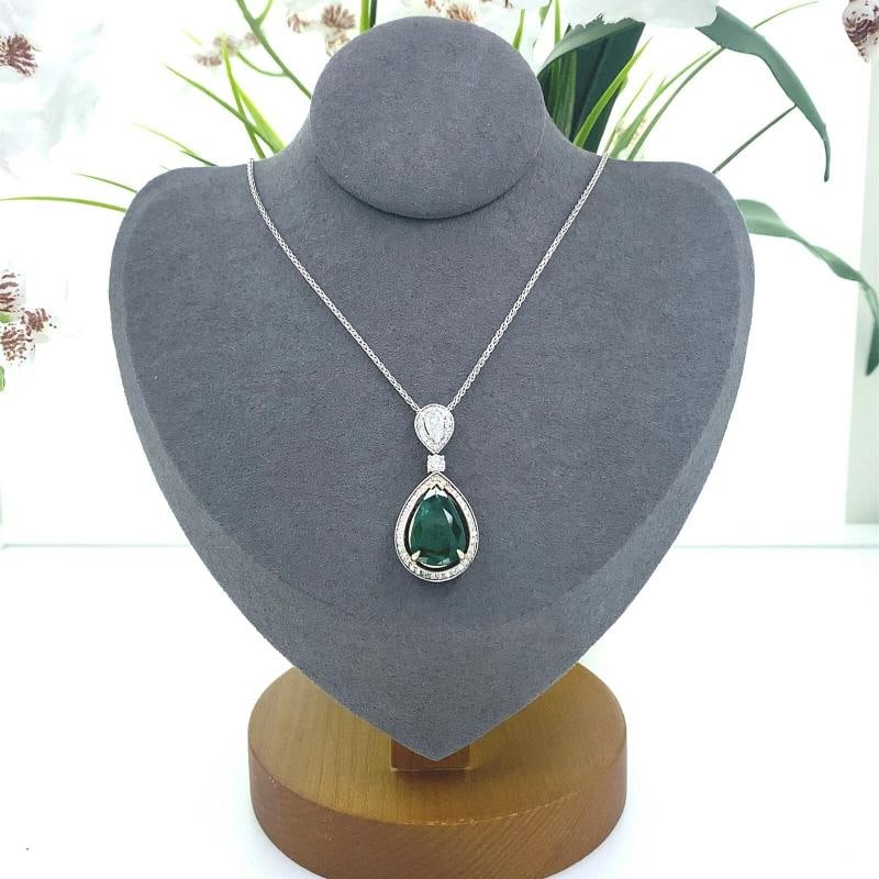 Emerald and Diamond Tear Drop Pendant Necklace 14kt White Gold - 2
