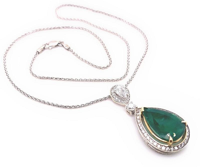 Emerald and Diamond Tear Drop Pendant Necklace 14kt White Gold - 3