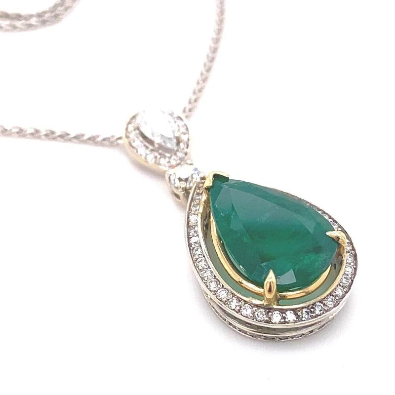 Emerald and Diamond Tear Drop Pendant Necklace 14kt White Gold - 4