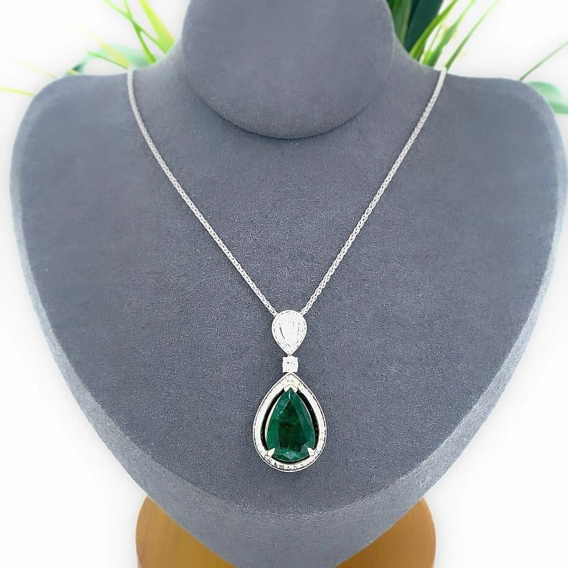 Emerald and Diamond Tear Drop Pendant Necklace 14kt White Gold - 5
