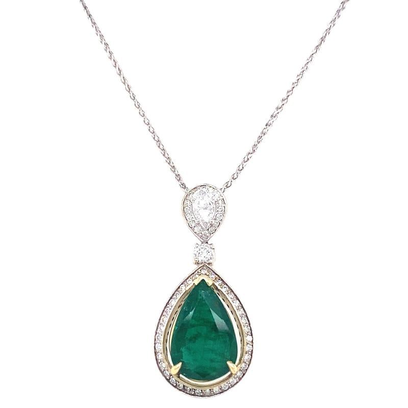 Emerald and Diamond Tear Drop Pendant Necklace 14kt White Gold - 6