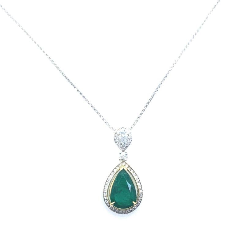Emerald and Diamond Tear Drop Pendant Necklace 14kt White Gold - 7