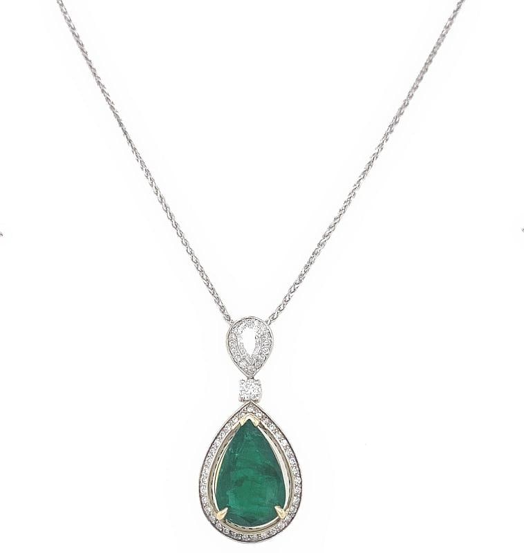 Emerald and Diamond Tear Drop Pendant Necklace 14kt White Gold - 8