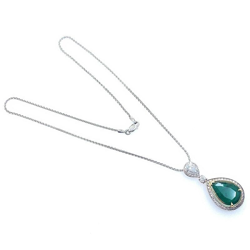 Emerald and Diamond Tear Drop Pendant Necklace 14kt White Gold - 9