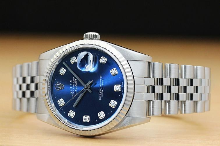 MENS ROLEX DATEJUST 16234 BLUE DIAMOND QUICKSET 18K WHITE GOLD STEEL WATCH - 2