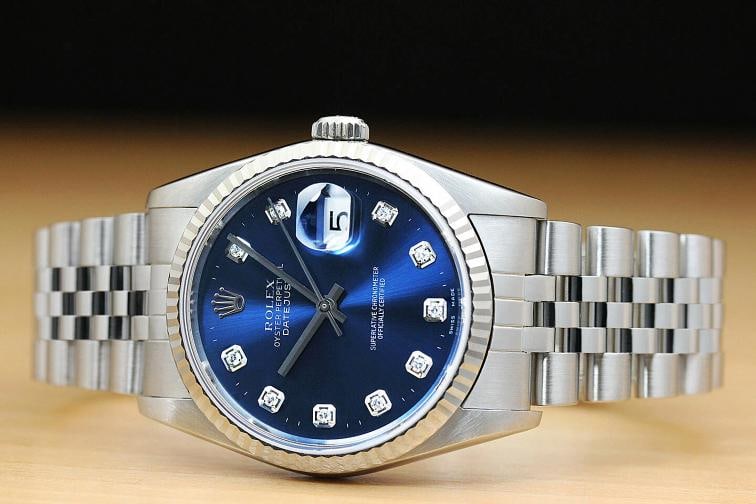MENS ROLEX DATEJUST 16234 BLUE DIAMOND QUICKSET 18K WHITE GOLD STEEL WATCH - 3