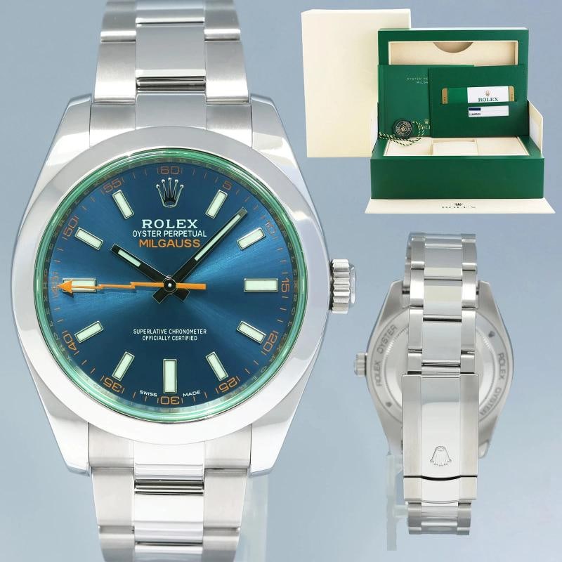 MINT PAPERS Rolex 116400GV Milgauss Blue Dial Anniversary Green Steel Watch Box: Condition: Pre-owned - Excellent,Brand: Rolex,Department: Unisex Adults,Type: Wristwatch,Model: Milgauss,Reference Number: 116400GV,With Original Box/Packaging: Yes,With Papers: Original,Customized: