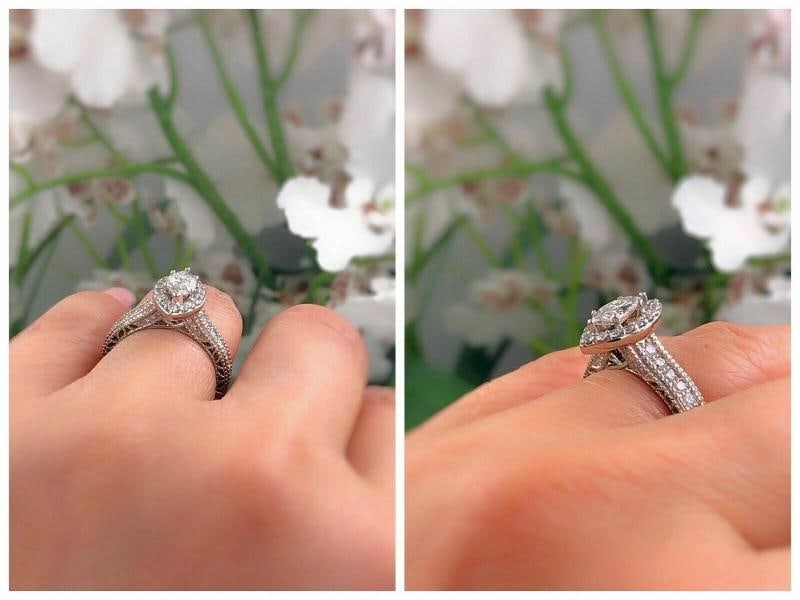 Marquise Diamond Halo Engagement Ring Milgrain Diamond Band 14kt WG - 11