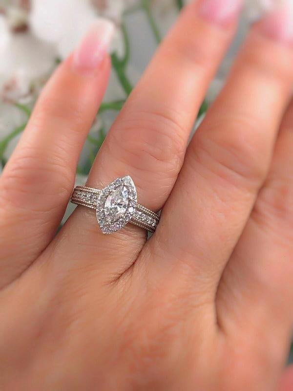Marquise Diamond Halo Engagement Ring Milgrain Diamond Band 14kt WG - 12