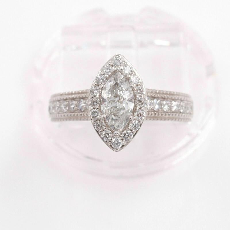 Marquise Diamond Halo Engagement Ring Milgrain Diamond Band 14kt WG - 8