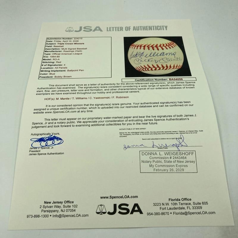 Mickey Mantle Ted Williams Carl Yastrzemski Triple Crown Signed Baseball JSA COA - 5