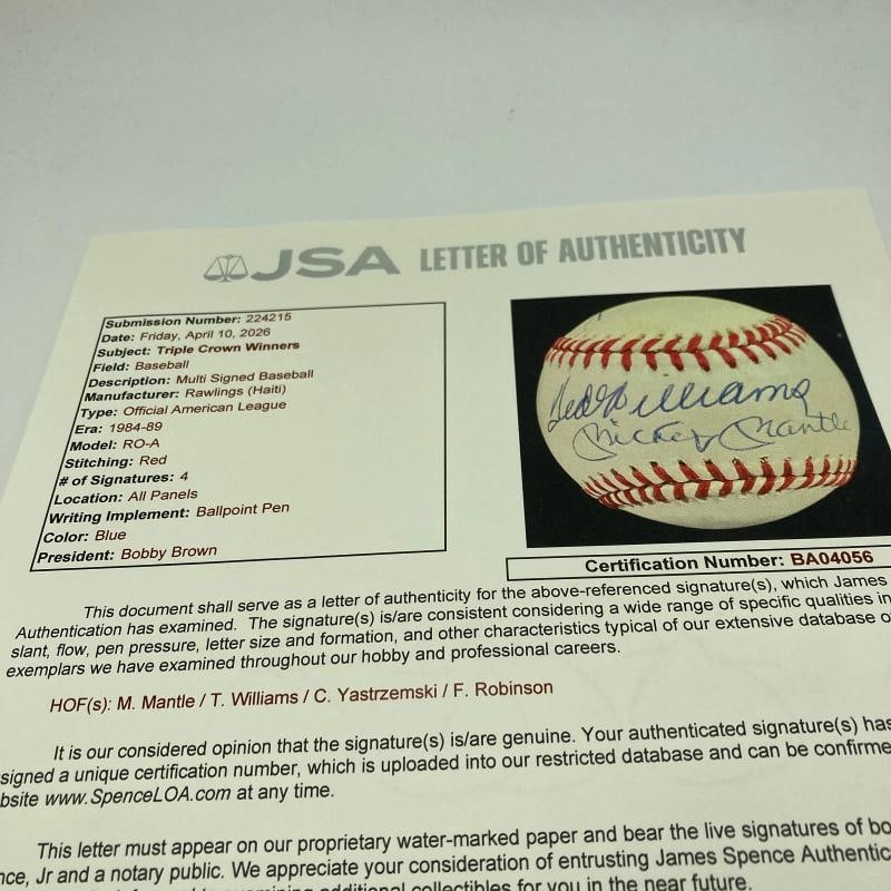Mickey Mantle Ted Williams Carl Yastrzemski Triple Crown Signed Baseball JSA COA - 6