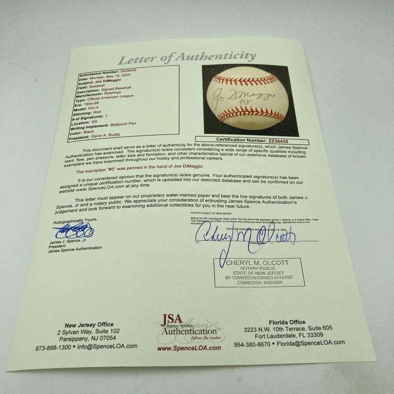 Joe Dimaggio #5 Signed Official American League Baseball JSA COA - 6