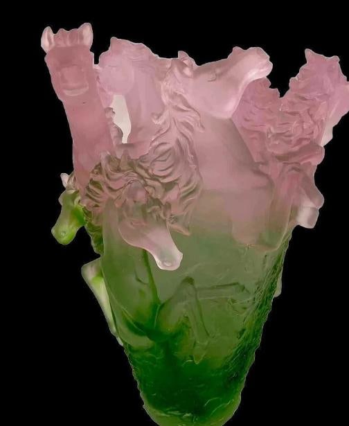Xl Nancy Daum Style Pate De Verre Crystal Horse Vase Pink Green Ombere H10Ã¢â‚& - 2