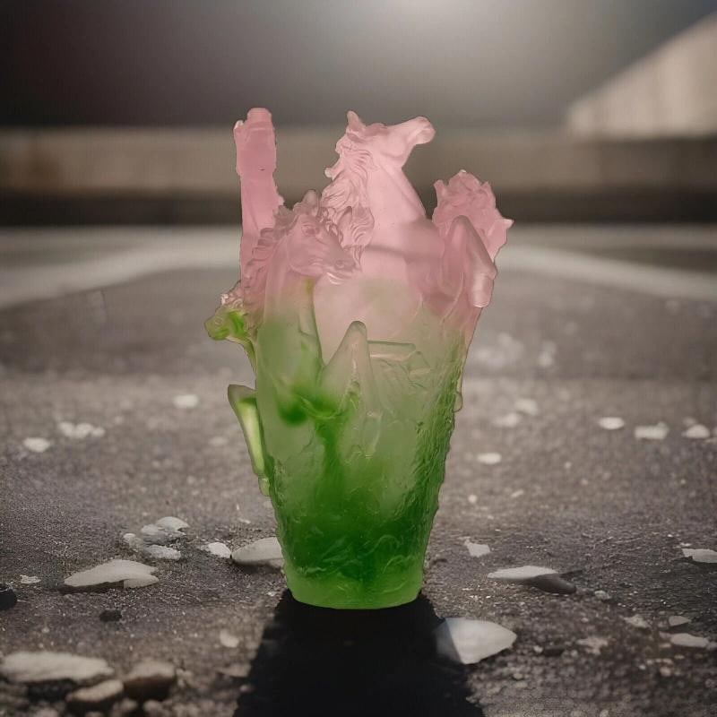 Xl Nancy Daum Style Pate De Verre Crystal Horse Vase Pink Green Ombere H10Ã¢â‚& - 7