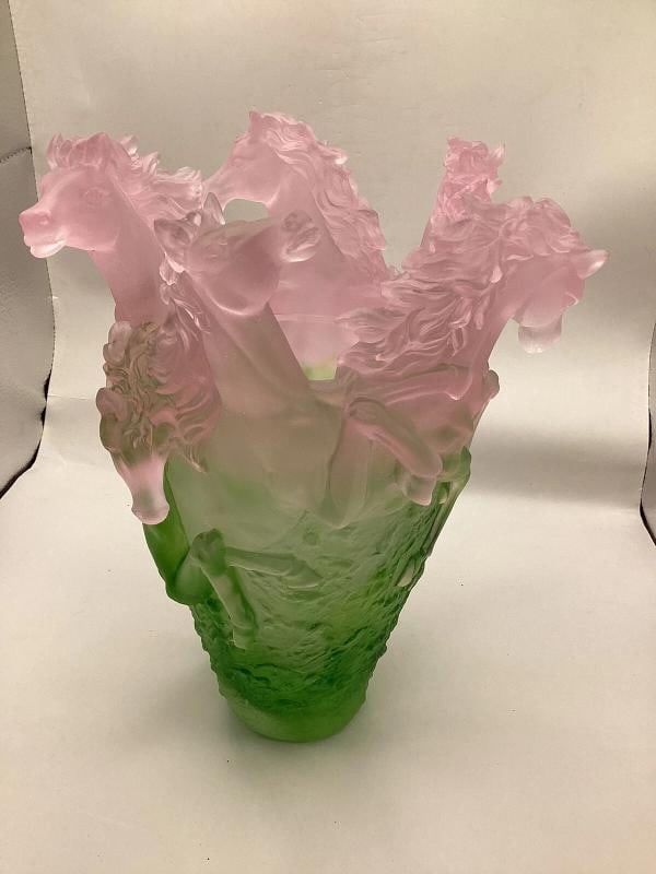 Xl Nancy Daum Style Pate De Verre Crystal Horse Vase Pink Green Ombere H10Ã¢â‚& - 9