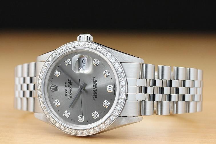 AUTHENTIC MENS ROLEX DATEJUST GRAY DIAMOND 18K WHITE GOLD STAINLESS STEEL WATCH - 2